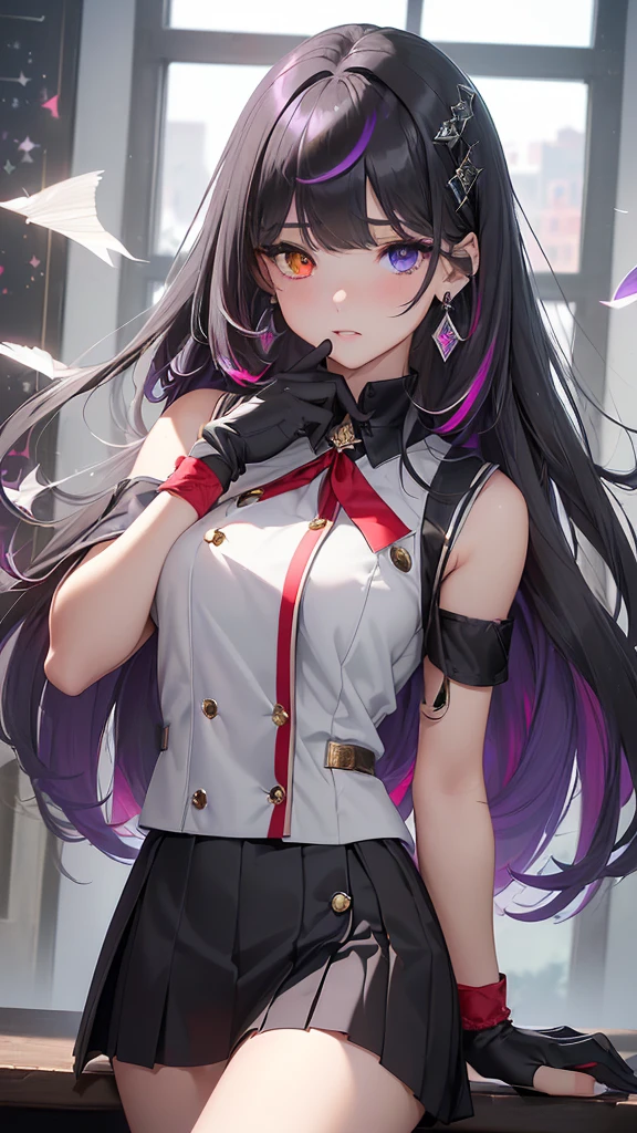 最high quality、best image quality、masterpiece、girl((20-year-old、 By becoming、vest bust、medium bust,wide open breast tea、shining eyes,((heterochromia irises, (right eye, red color)(left eye, gray purple color), multicolored irises))gray metallic hair、straight silk bangs, straight cutted hair and bangs, bangs is blunt+straight cutted, long smooth hair、thin,highest valley、black student uniform、black short skirt、shoulder gem ornament ,diamond earrings、Wristband、black gloves)),high quality、beautiful art、background((School zone))、Flight、debris flies、Depth of written boundary、movie、visual art、perfect art、8K,genuine、Dynamic Performance