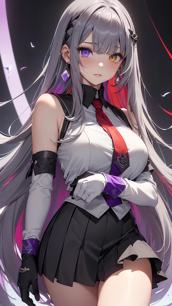 最high quality、best image quality、masterpiece、girl((20-year-old、 By becoming、vest bust、medium bust,wide open breast tea、shining eyes,((heterochromia irises, (right eye, red color)(left eye, gray purple color), multicolored irises))gray metallic hair、straight silk bangs, straight cutted hair and bangs, bangs is blunt+straight cutted, long smooth hair、thin,highest valley、black student uniform、black short skirt、shoulder gem ornament ,diamond earrings、Wristband、black gloves)),high quality、beautiful art、background((School zone))、Flight、debris flies、Depth of written boundary、movie、visual art、perfect art、8K,genuine、Dynamic Performance