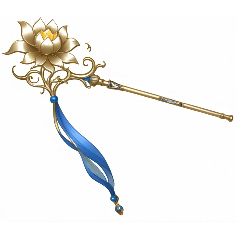 A cartoon illustration of gold and blue flowers with a long stick, Scepter, long trunk holding a Sticks, Gilded Lotus Princess, Magic Wand, Intricate Fantasy Spear, The gorgeous Korean long-handled weapon behind her, metallic Scepter, Sticks, wizard Magic Wand, Magic Fishing Rod Weapon, magic Sticks, 拿着Magic Wand, long elegant tail, holding Sticks, Dragon Staff