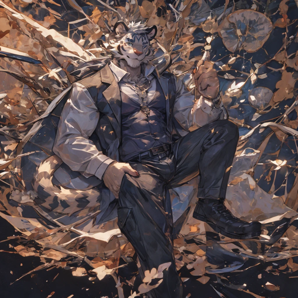 {{bara extremely handsome white tiger,}} {{white fur,}} white, wearing elegant ornate suit jacket, trousers, white dress shirt and necktie, white fluffy furry body and limbs, loafers, very tall, very broad shoulders, narrow waist, muscular arms, massive pecs, purple eyes, very long legs, massive bulge, sophisticated hot look, 3/4 view, best quality, high detail, CG image, character splash art, silver earring on left ear, sultry smirk