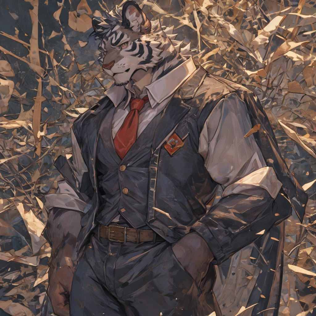 {{bara extremely handsome white tiger,}} {{white fur,}} white, wearing elegant ornate suit jacket, trousers, white dress shirt and necktie, white fluffy furry body and limbs, loafers, very tall, very broad shoulders, narrow waist, muscular arms, massive pecs, purple eyes, very long legs, massive bulge, sophisticated hot look, 3/4 view, best quality, high detail, CG image, character splash art, silver earring on left ear, sultry smirk