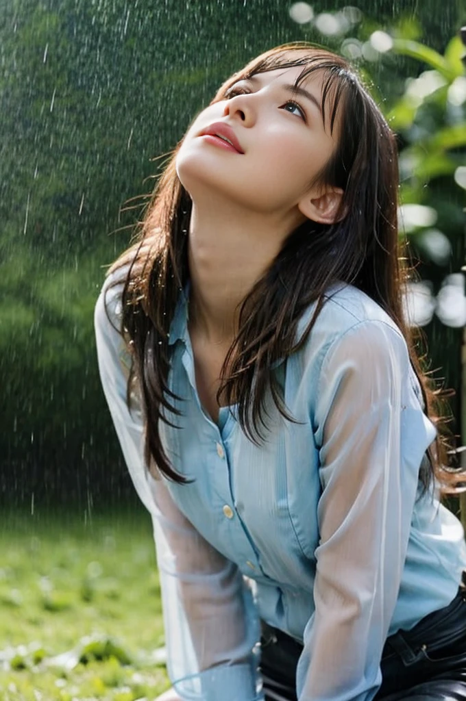 22year old beautiful girl、Highest image quality、realistic、16K、beautiful woman、long hair、With bangs、Pretty slim、heavy rain、While walking through the Park in the rain、wet from heavy rain、Full body figure、Look up at the sky、Lying on the grass in the park、heavy rain、Look up at the sky、Sitting and looking up at the sky、heavy rain