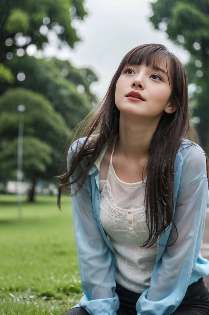 22year old beautiful girl、Highest image quality、realistic、16K、beautiful woman、long hair、With bangs、Pretty slim、heavy rain、While walking through the Park in the rain、wet from heavy rain、Full body figure、Look up at the sky、Lying on the grass in the park、heavy rain、Look up at the sky、Sitting and looking up at the sky、heavy rain