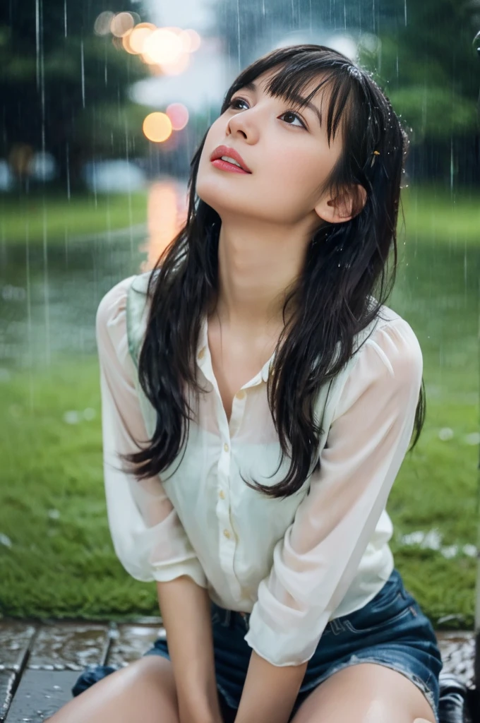 22year old beautiful girl、Highest image quality、realistic、16K、beautiful woman、long hair、With bangs、Pretty slim、heavy rain、While walking through the Park in the rain、wet from heavy rain、Full body figure、Look up at the sky、Lying on the grass in the park、heavy rain、Look up at the sky、Sitting and looking up at the sky、heavy rain