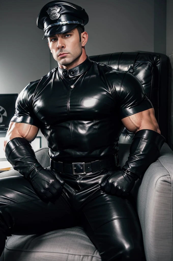 30 year old police officer with big muscles wearing black leather gloves and a tight leather trouser police hat sitting on the sofa, handsome face without beard, in the office,"big muscle", ,black hair,asia face,masculine,strong man,the police officer is,handsome,,leather gloves,look straight ahead,police officer is handsome,dad is handsome 