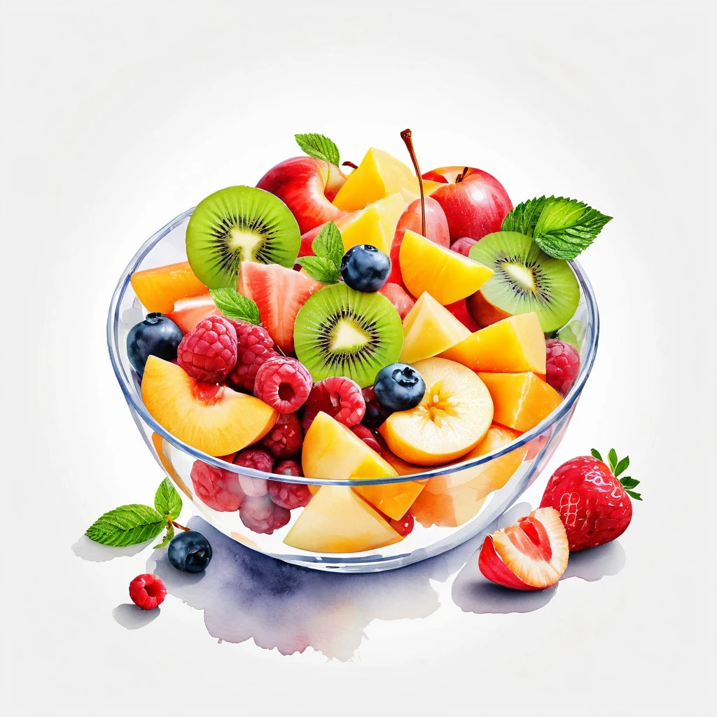 a bowl of delicious fruit salad, ((watercolor)), solid white background, center composition, negative space around the object,  