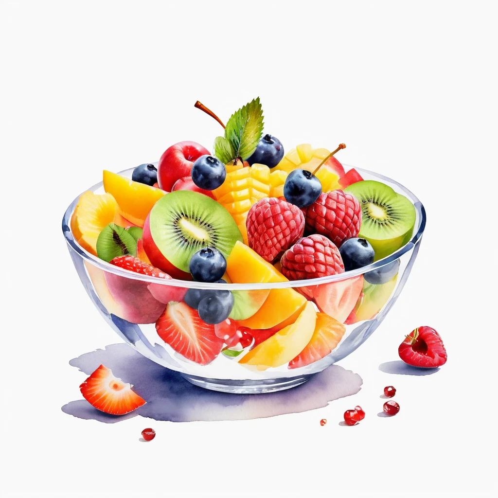 a bowl of delicious fruit salad, ((watercolor)), solid white background, center composition, negative space around the object,