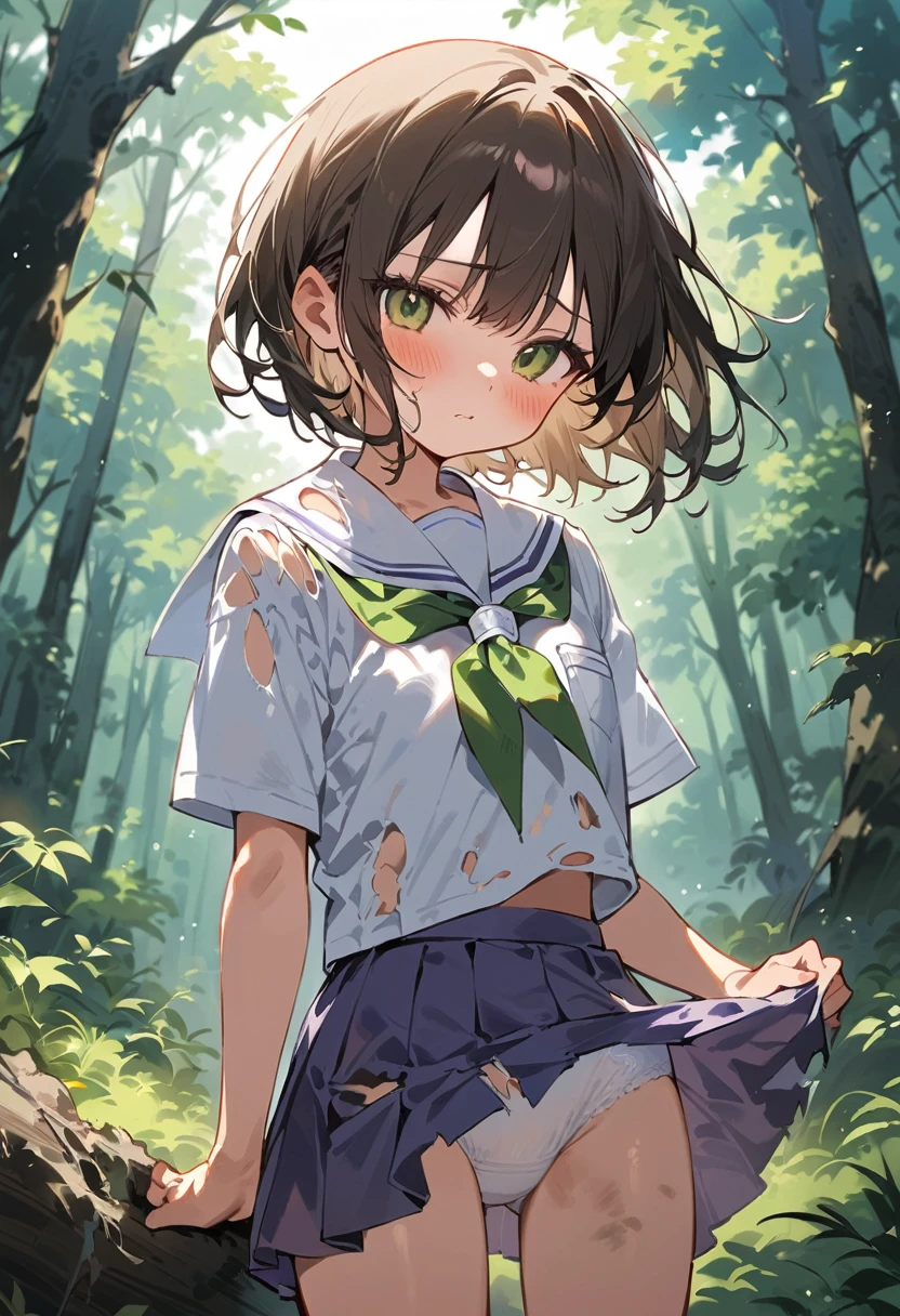 beautiful detailed girl,(masterpiece,best quality,extremely detailed:1.2),((cowboy shot:1.1)),(solo,,kawaii,slender,small breasts:1.25),(pained look:0.8),((white underwear) in ((Torn school uniform)):2),(dirty:2),blush,shy,weep,standing,(deep forest:1.5),(hug:0.4),rating: general, newest,Sexy face