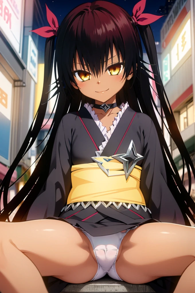 , 1girl, aster nemesis, dark-skinned female, black hair, very long hair, yellow eyes, flat chest kimono, obi, ribbon, twin tails, looking at viewer, outdoors, city, night, smile, ,sitting on ground,open legs,spread legs,flat chest,nsfw,white panties,