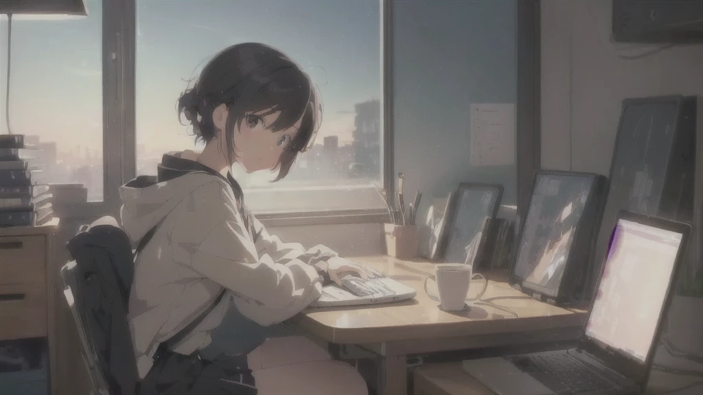 Anime girl sitting at a desk with a laptop and a cup of coffee, 4k anime wallpaper, anime art wallpaper 4k, anime art wallpaper 4k, anime wallpaper 4k, anime wallpaper 4k, Anime Art Wallpapers 8K, Anime Style 4k, Anime Aesthetics, Lo-fi art style, Lo-fi Girl, Anime Background, Anime Girl Desktop Backgrounds