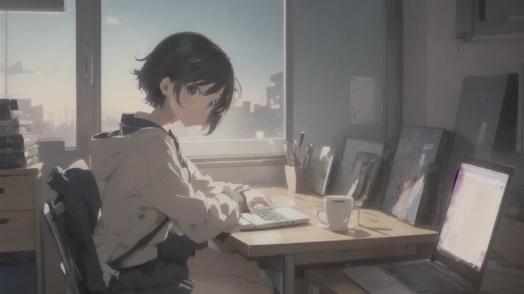 Anime girl sitting at a desk with a laptop and a cup of coffee, 4k anime wallpaper, anime art wallpaper 4k, anime art wallpaper 4k, anime wallpaper 4k, anime wallpaper 4k, Anime Art Wallpapers 8K, Anime Style 4k, Anime Aesthetics, Lo-fi art style, Lo-fi Girl, Anime Background, Anime Girl Desktop Backgrounds