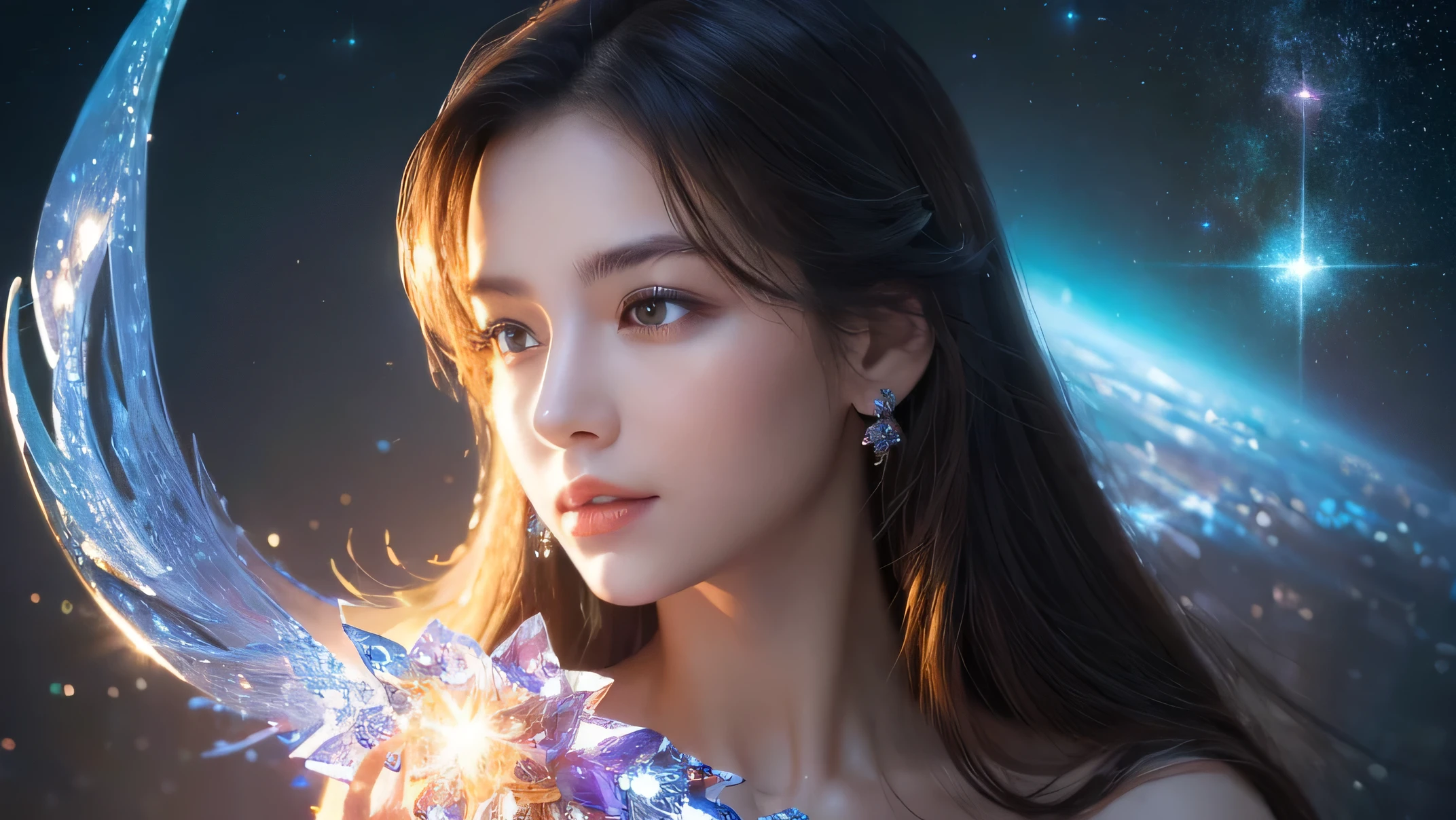 ((Highest quality, 8K, masterpiece: 1.3)), Clear Focus: 1.2, Outstanding beauty: 1.4, Fractal Art、Cosmic glow、mystery、crystal