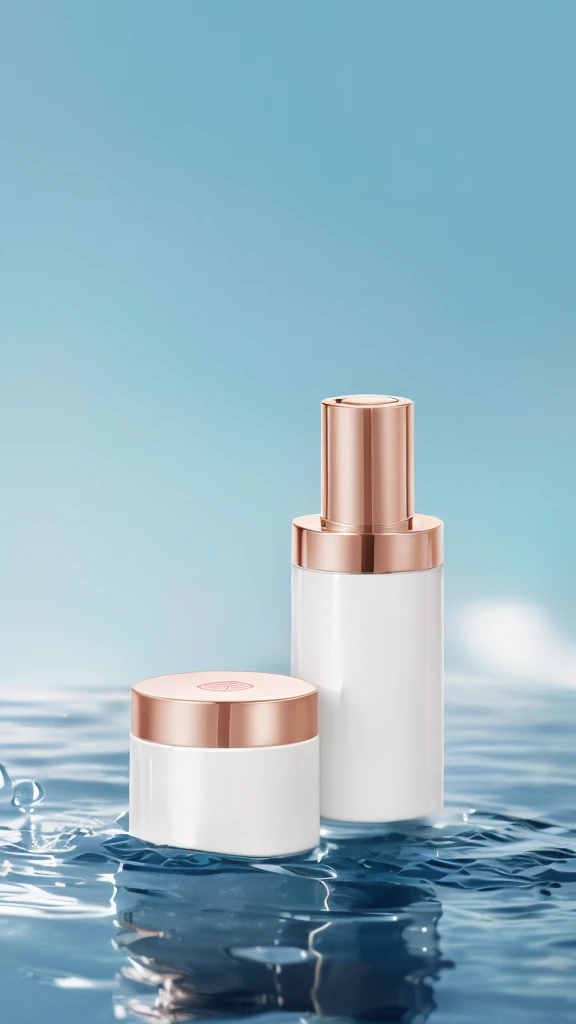There are two bottles of cosmetics placed on the water, ClaritySmooth的线条, Clarity、Smooth、Clean lines, Stylish design, glossy surFace, Fine details, Perfect skin tone, Face, Smooth porcelain skin, Clarity的细节, skin care, Stunning appearance, Fine details, Bottom Angle, detailed picture, Home, Clarity干净的形状, Creamy skin, 精致Smooth的细节, Silicone leather