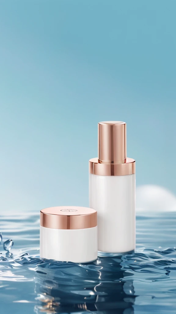 There are two bottles of cosmetics placed on the water, ClaritySmooth的线条, Clarity、Smooth、Clean lines, Stylish design, glossy surFace, Fine details, Perfect skin tone, Face, Smooth porcelain skin, Clarity的细节, skin care, Stunning appearance, Fine details, Bottom Angle, detailed picture, Home, Clarity干净的形状, Creamy skin, 精致Smooth的细节, Silicone leather