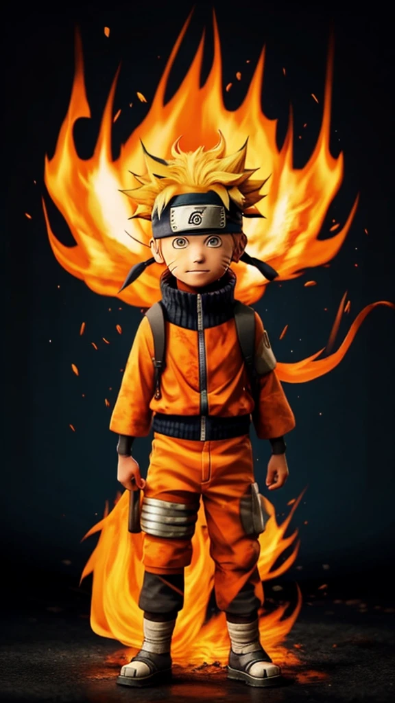 Naruto,1boy, black_background, fire, 9 fox tails,
