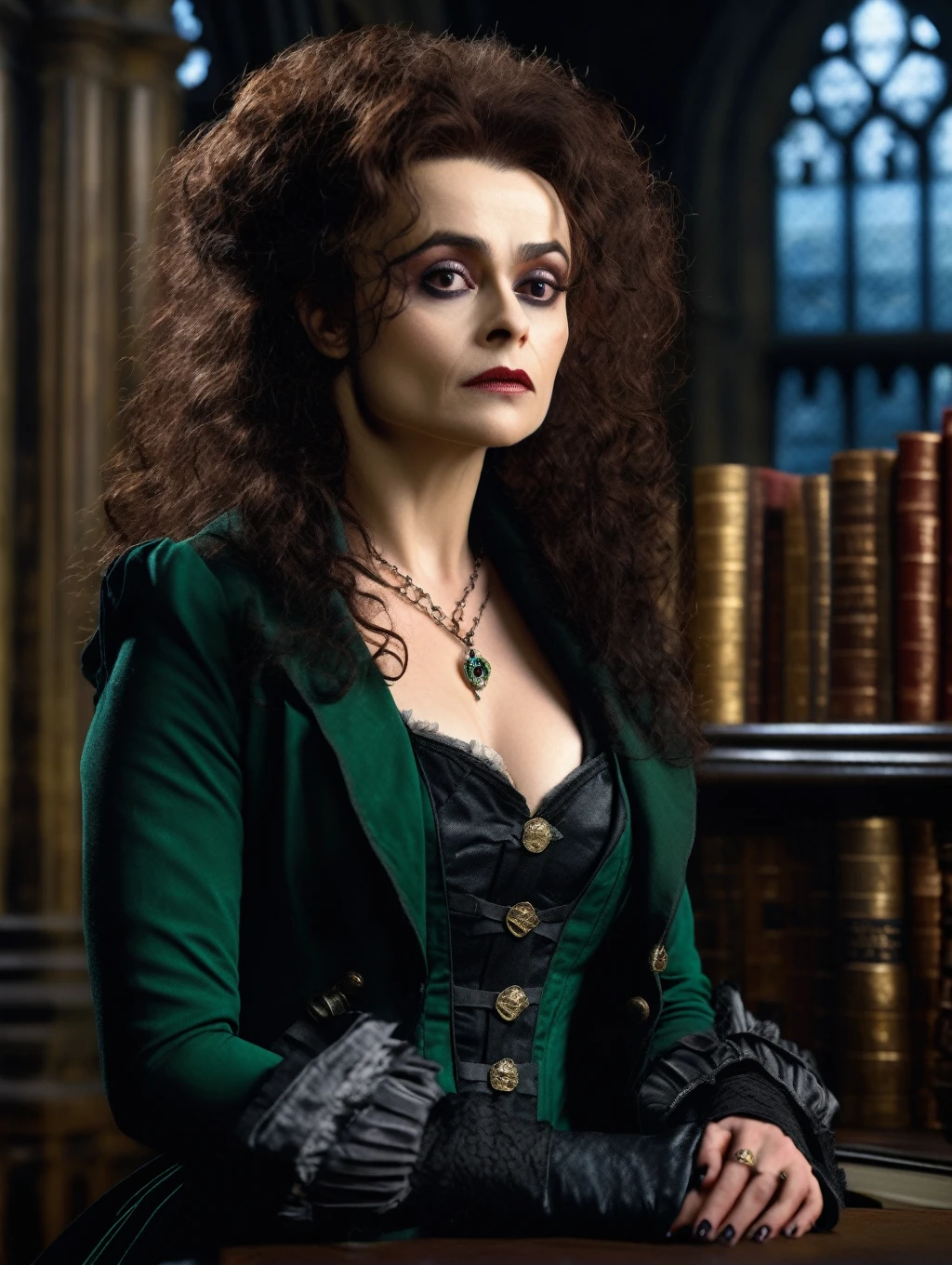nsfw masterpiece, full view (portrait of Helena Bonham Carter at age 20 as Bellatrix Lestrange), in an intimate Slytherin uniform, detailed, Half-length shot, very detailed face, Hogwarts Library in the background, erotic sensual seductive pose, (8K, UHD, DSLR, High Quality, Cinematic Lighting, Bokeh), (Dramatic, Award-Winning Photography, Incredible Masterpiece: 1.3), 16k, Ultra High Resolution.Photorealistic, UHD, RAW