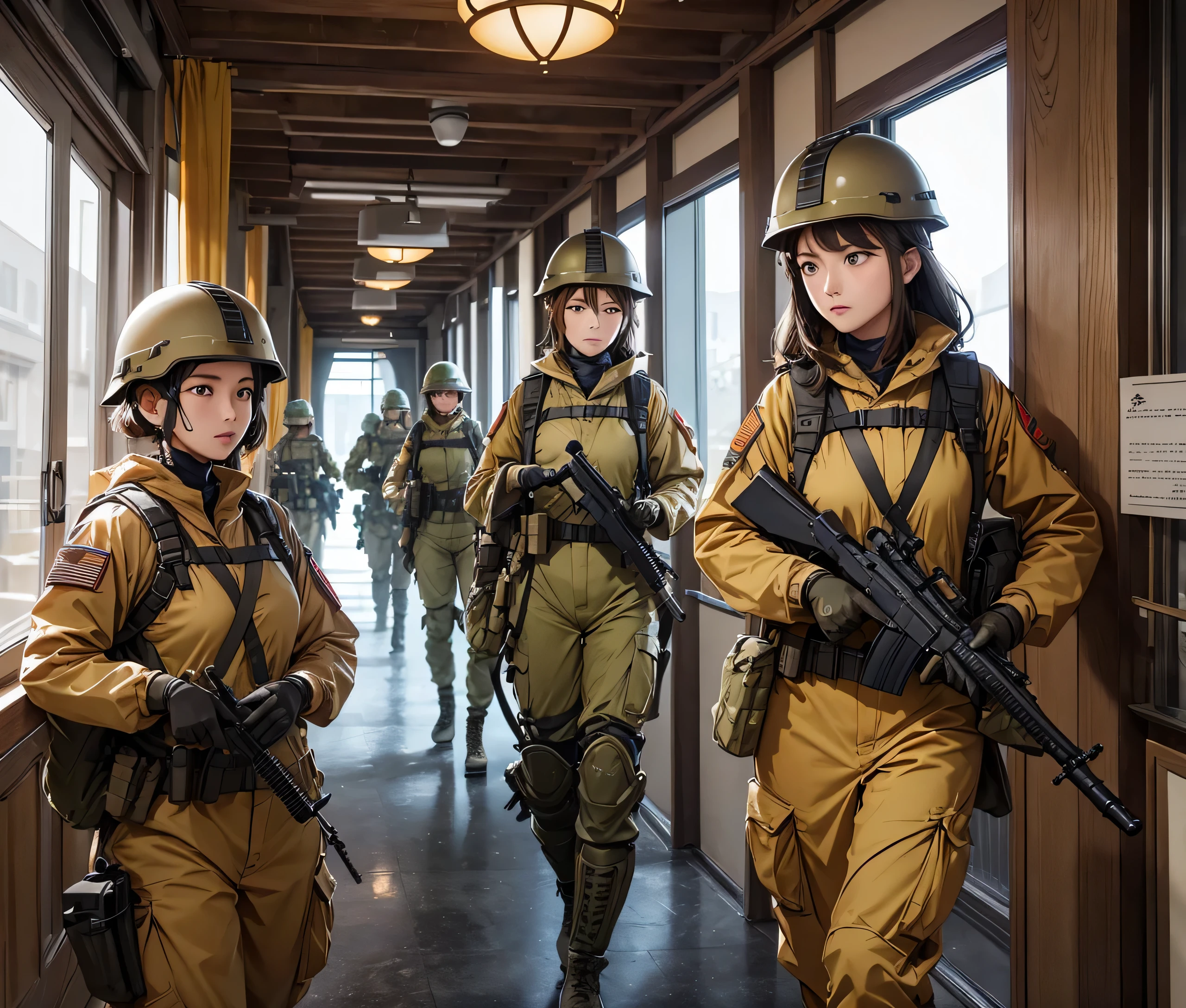 A group of female soldiers in ochre uniforms、Full helmet、Military Pants、Individual equipment set、Patrolling the corridors、Write details、masterpiece、best quality、Highly detailed CG、8K picture quality
