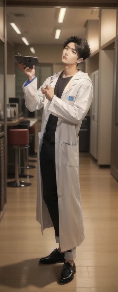 (Fair skin),((white lab coat)), (black hoodie underneath),Iris,(gender: Natural Face),(Japanese),(leather shoes),long body,handsome young asian man, Japanese idol style, short clean-cut hair, (center part), calm confident expression, hands in lab coat pockets, plain white background, portrait, high quality, detailed, 8K