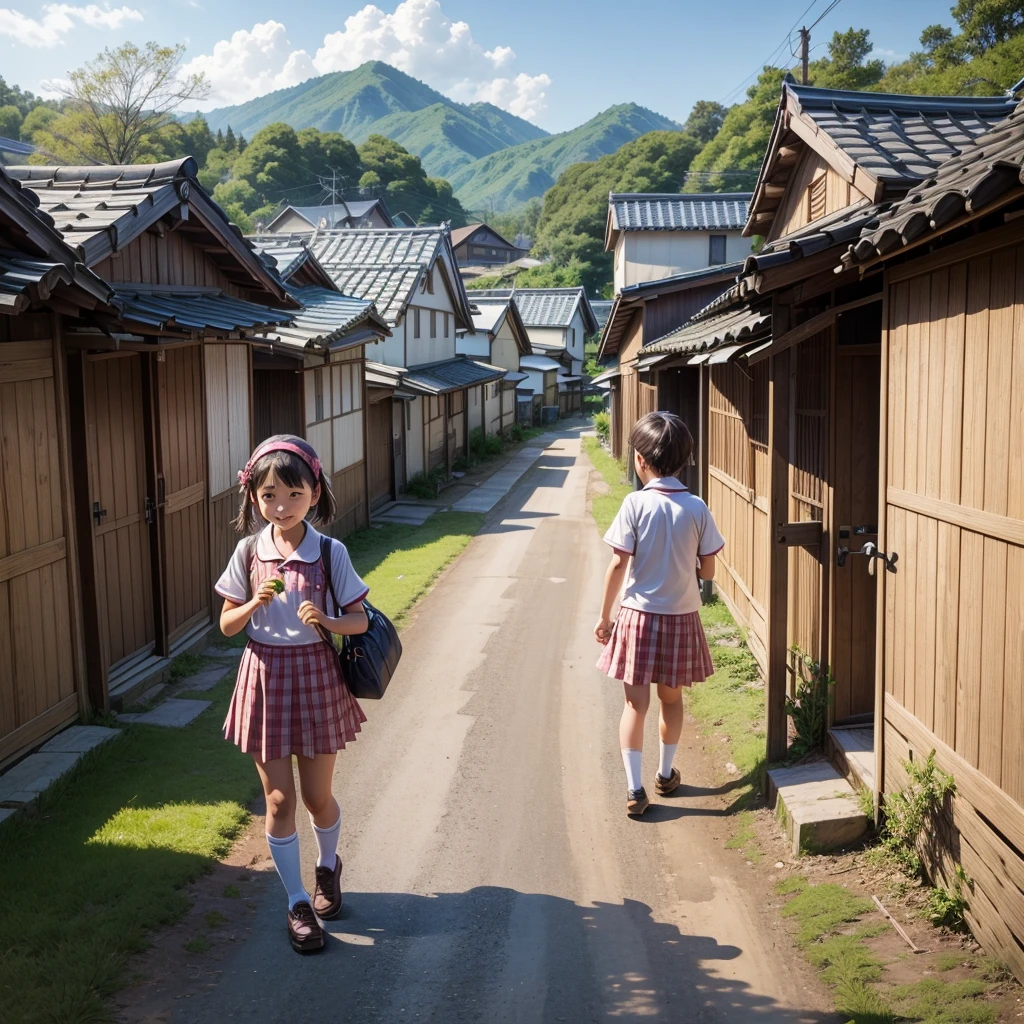 Village countryside,Boys and Girls、road,primary school student、choosing sweets、((Showa))、fun、Lively