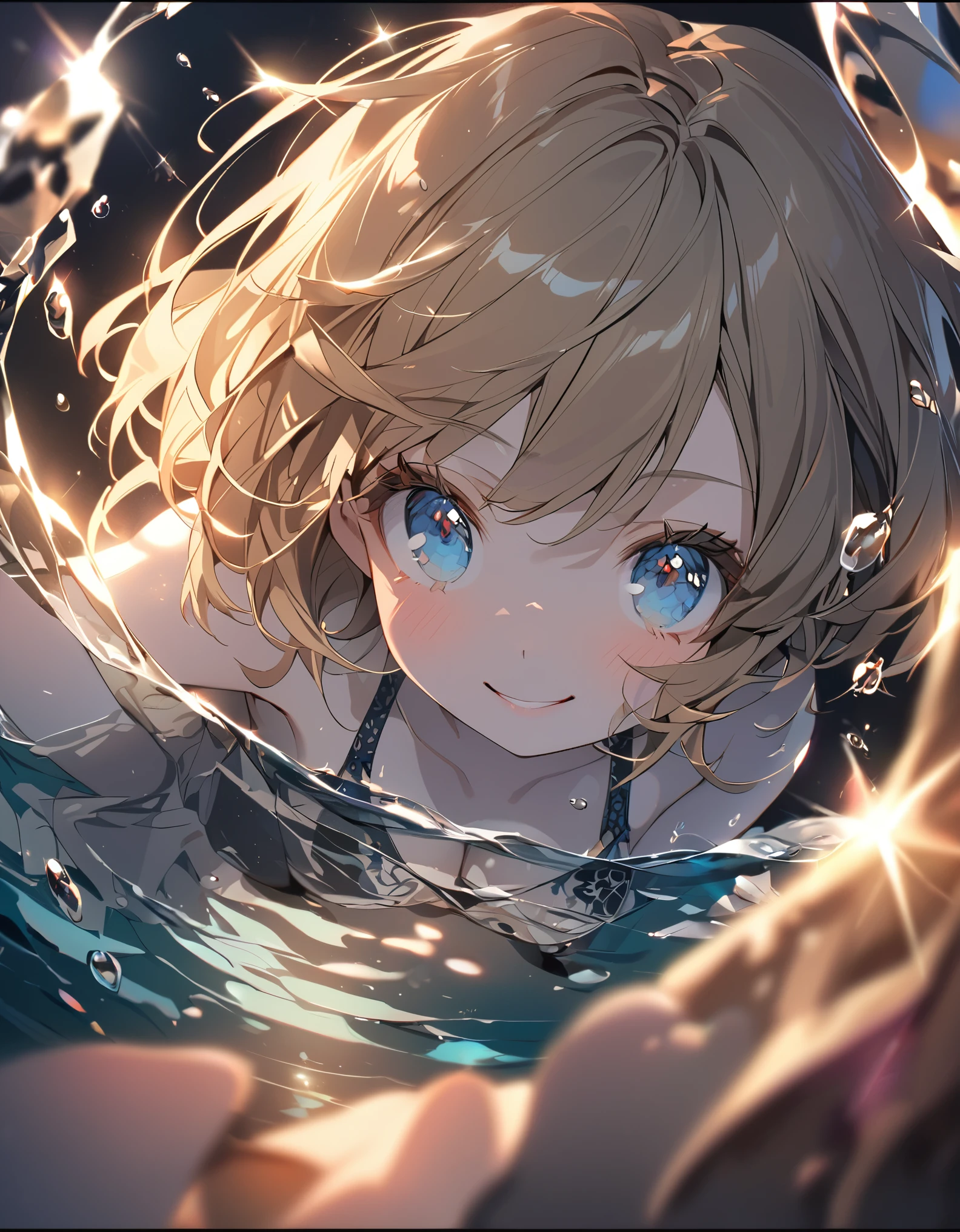 A cute girl in a swimsuit(original bikini swimsuit)(Small body) ( Girl:1.5), (blonde:1.5)(eyelash:1.2)(eye shadow:1.3) (Blue eyes:1.5), (Beautiful fine details:1.4) (Short Bob Hair:1.4), (Blue eyes)(Big Breasts:1.3) (White skin:1.2)Height: 130cm, original character, Fantasy, View Viewer Art: (A girl with beautiful deep eyes. The depth of field in the photo is perfect、Lens flares create a nice atmosphere. The details of her face really stand out, This photo definitely gets a 10 or more.. background, There is a beautiful sea with crystal clear water and water droplets floating on the surface. Laughing happily