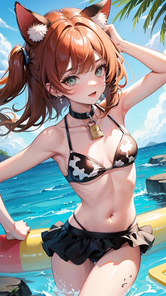 Cat ears and cow print bikini　Cute Girls　Lazy river　Swim ring