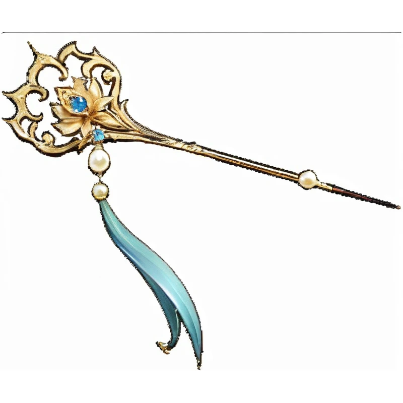 Close up of a blue and gold hairpin with pearls, Scepter, Magic Fishing Rod Weapon, Magic Wand, Intricate Fantasy Spear, Sticks, The gorgeous Korean long-handled weapon behind her, wizard Magic Wand, magic Sticks, metallic Scepter, 拿着Magic Wand, bone Scepter, long elegant tail, long trunk holding a Sticks, Dragon Staff, Dragon Staff
