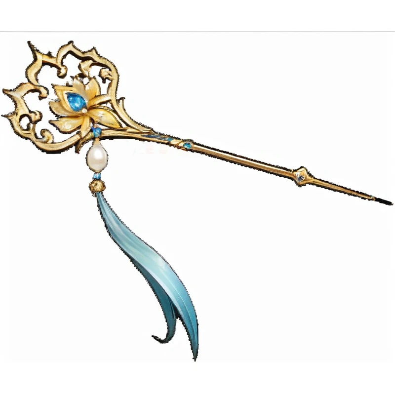 Close up of a blue and gold hairpin with pearls, Scepter, Magic Fishing Rod Weapon, Magic Wand, Intricate Fantasy Spear, Sticks, The gorgeous Korean long-handled weapon behind her, wizard Magic Wand, magic Sticks, metallic Scepter, 拿着Magic Wand, bone Scepter, long elegant tail, long trunk holding a Sticks, Dragon Staff, Dragon Staff