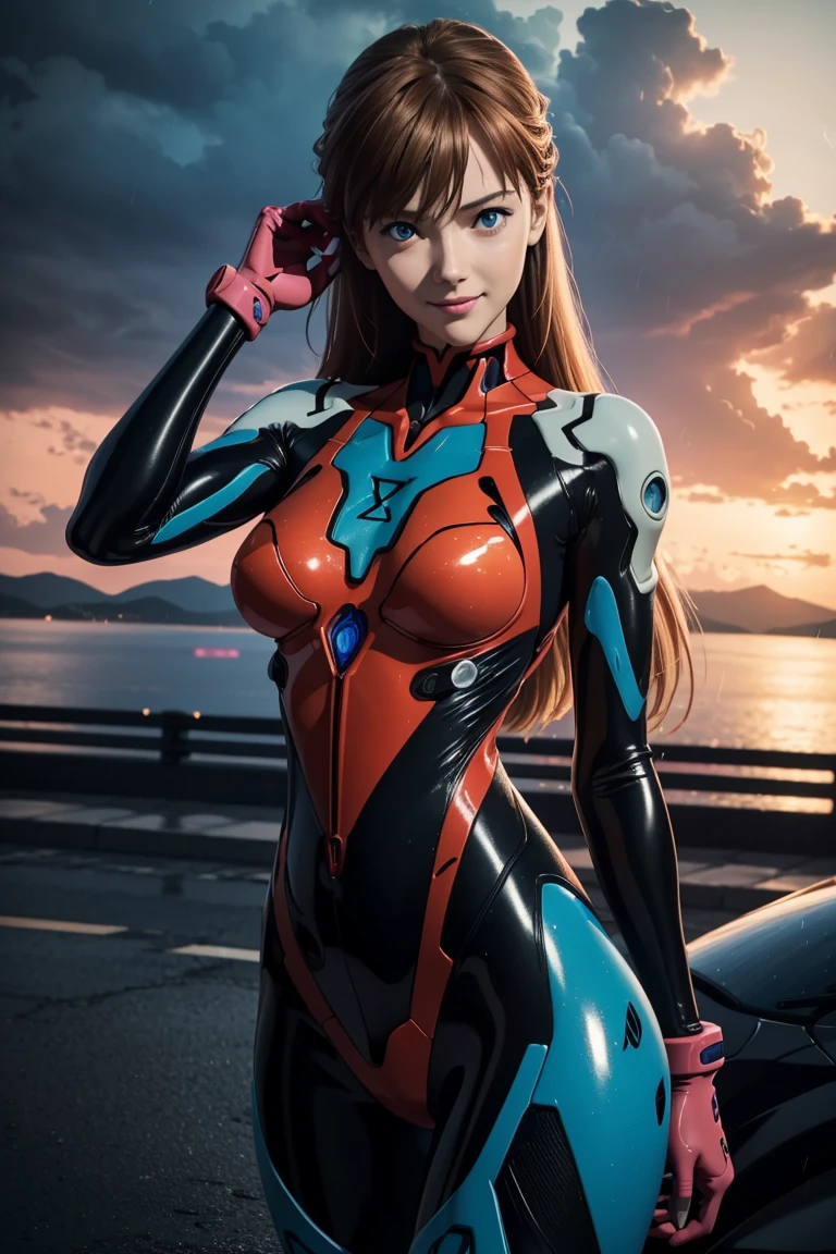 Evangelion,Asuka Langley,blue eyes,Plug Suit,Bodysuits,Interface Headset,赤いBodysuits,Ultra HD,super high quality,masterpiece,Digital SLR,Photorealistic,Detailed details,Vivid details,Depicted in detail,A detailed face,Detailed details,Super Detail,Realistic skin texture,Anatomical basis,Perfect Anatomy,Anatomically correct hand,Anatomically correct fingers,Complex 3D rendering,Sexy pose,Rainy Sky,Beautiful scenery,Fantastic rainy sky,Red Sea,Picturesque,Pink Lips,smile,