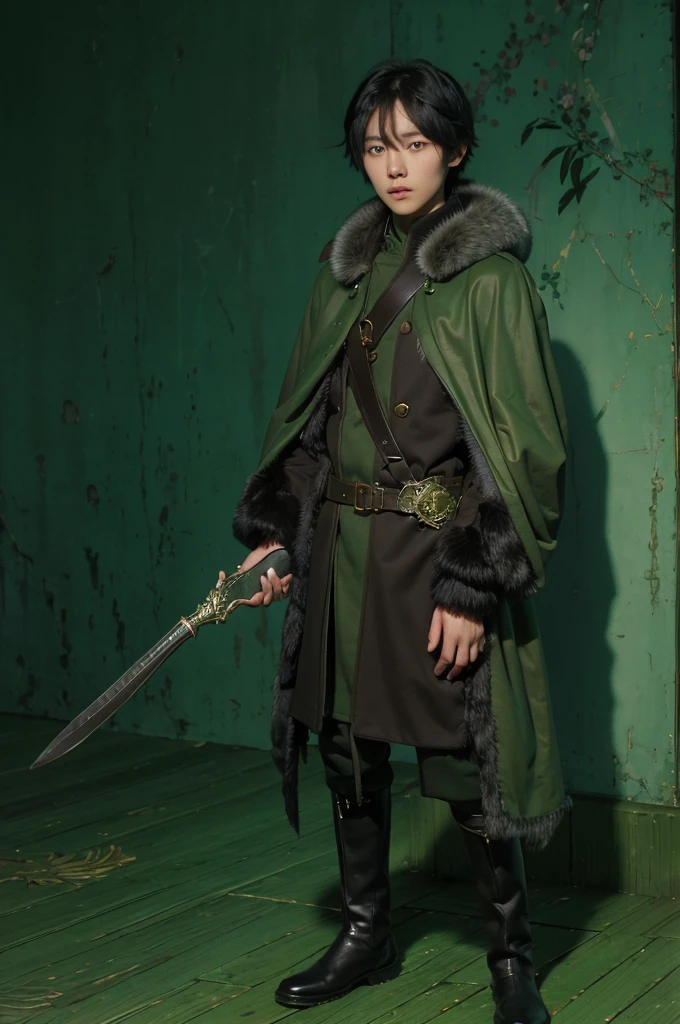 yuichiro hyakuya, (WithoutFear:1), 1 boy, black hair, green eyes, brown coat, gray armor, green shield, green cloak, dark brown gloves, town, fur trim, anime, standing, good quality, portrait, looking at viewer