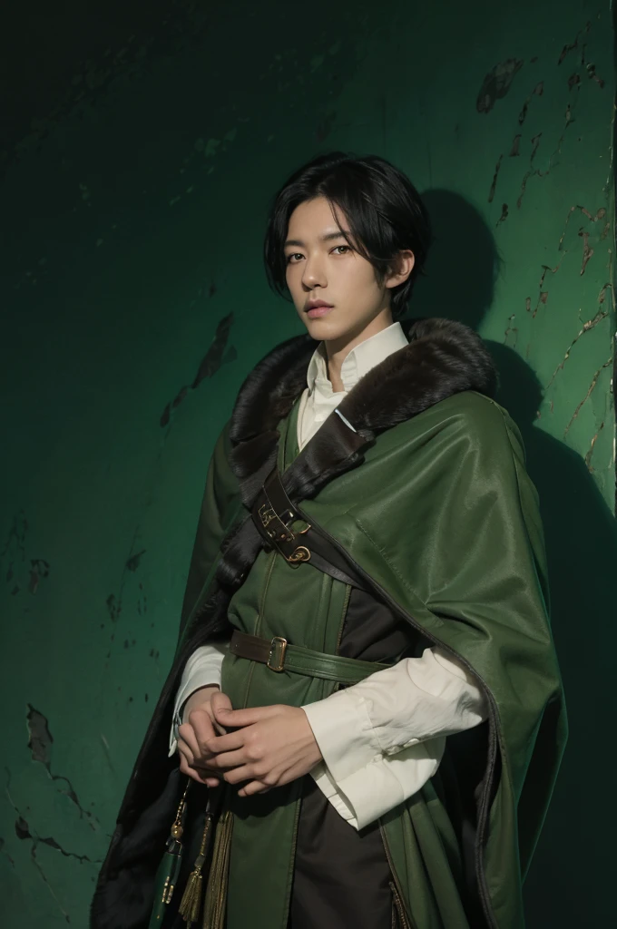 yuichiro hyakuya, (WithoutFear:1), 1 boy, black hair, green eyes, brown coat, gray armor, green shield, green cloak, dark brown gloves, town, fur trim, anime, standing, good quality, portrait, looking at viewer