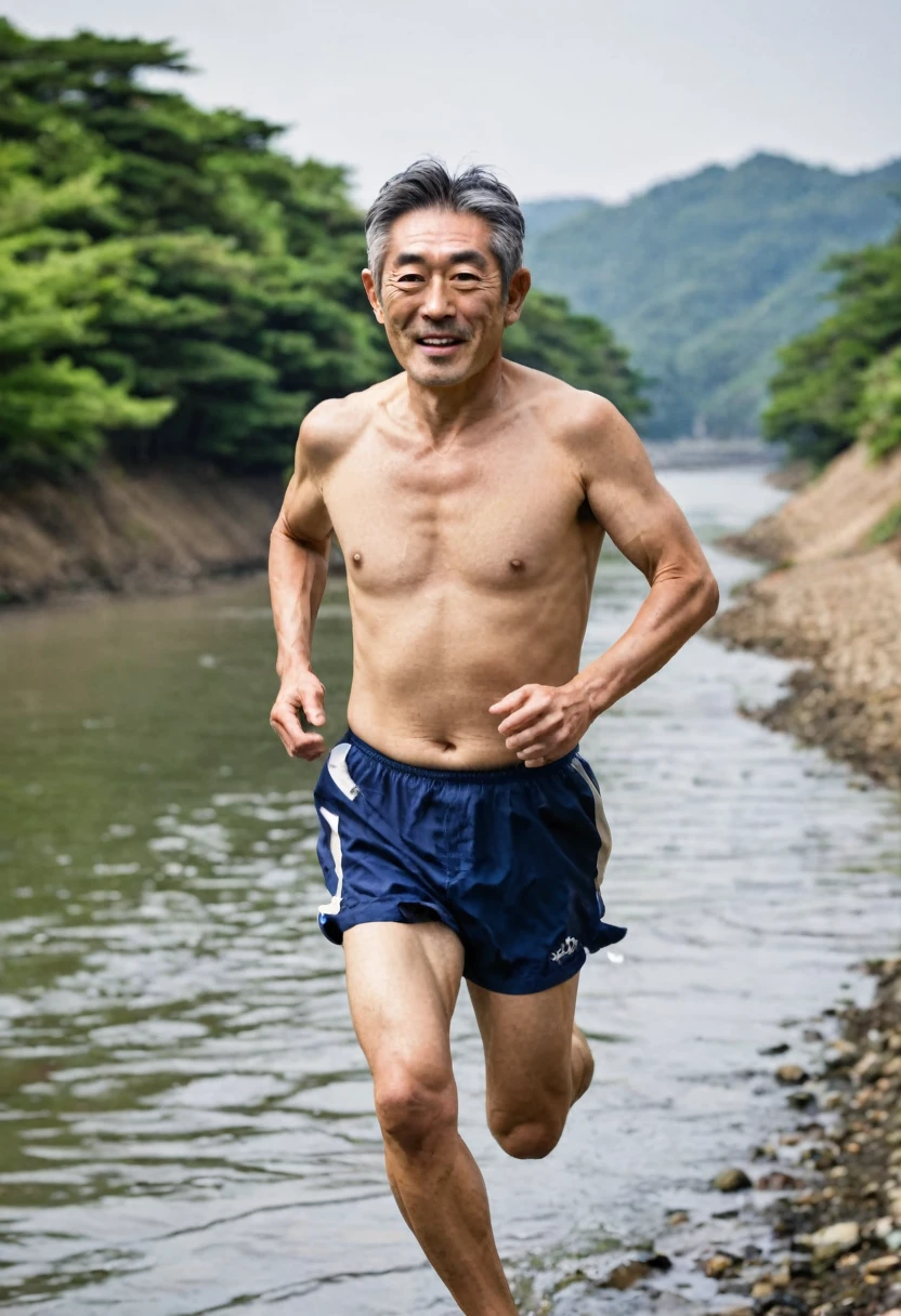 A 58-year-old Japanese man, a former rugby player, is running along the river bare-chested and wearing shorts.