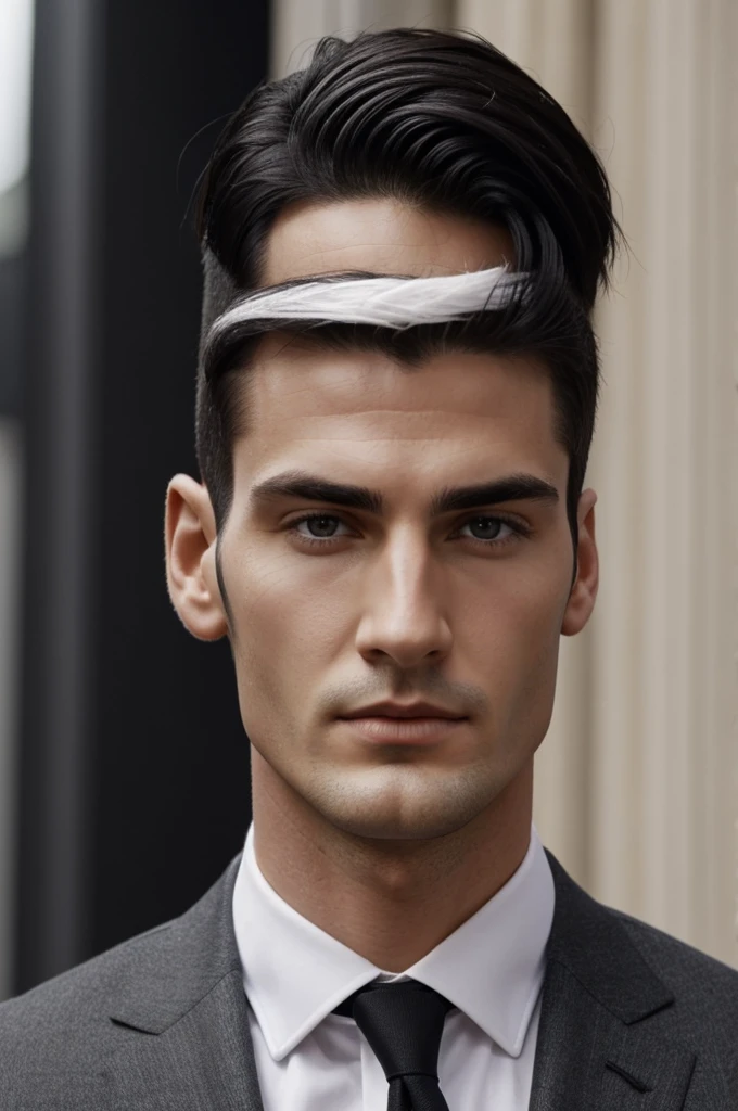 short black hair, completely dark eyes and white but not pale skin. he was tall, strong, but quite attractive. He had a small scar near his lip.. He wears an expensive suit.
Italian