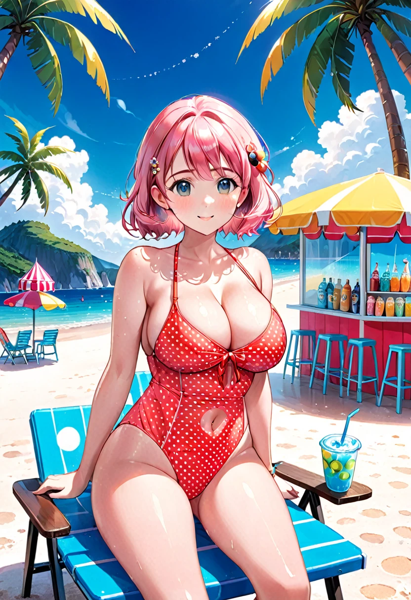 A cute girl，Pink Hair，Wearing a polka dot swimsuit，Large Breasts，at the seaside，Next to it is the Summer Ice Drink Shop，Several coconut trees and beach chairs on the beach，Blue sky and white clouds，cold drink，Colorful style