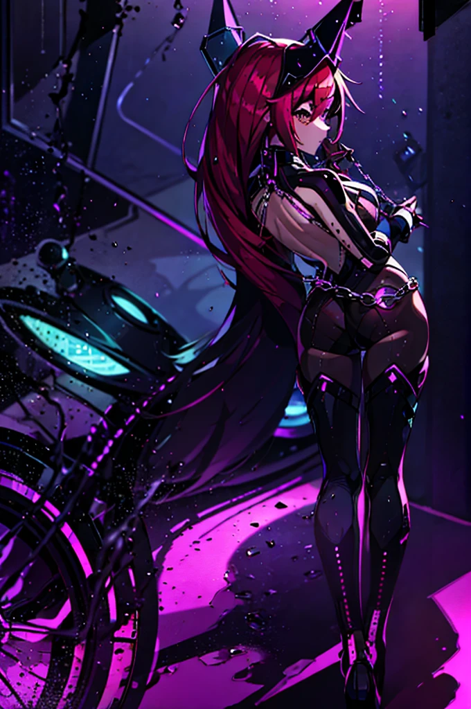 I imagine this girl with a futuristic appearance and full of mystery., Shiny chains intertwine around his arms and legs, as if they were metallic tattoos. The three-strand necklace, with its digit-shaped padlock, It is their symbol of submission and devotion.
Her red hair falls in waves over her shoulders., and his green eyes flash with a mixture of passion and obedience. , enhancing her voluptuous figure. Each chain that tightens around her skin is a reminder of her role as a beloved slave..
In the dark garage, the girl prepares for her master. The cyberpunk motorcycle awaits, its shiny surface reflecting the neon lights of the city. The cat-shaped helmet gives it a mysterious look, and the tail that extends from the back of the seat seems to have a life of its own.
She rides the motorcycle with grace, speeding into the night. The wind whistles in his ears as he walks through the dark streets, ready to carry out her master's orders. In this futuristic world, where technology and passion intertwine, she is his slave, your confidant and your lover.
The girl with chains and a cyberpunk motorcycle is an enigma, a mixture of desire and bondage. Its story unfolds in the twinkling lights of the city, and his figure becomes a legend in the night streets. shirtless,pussy,porn