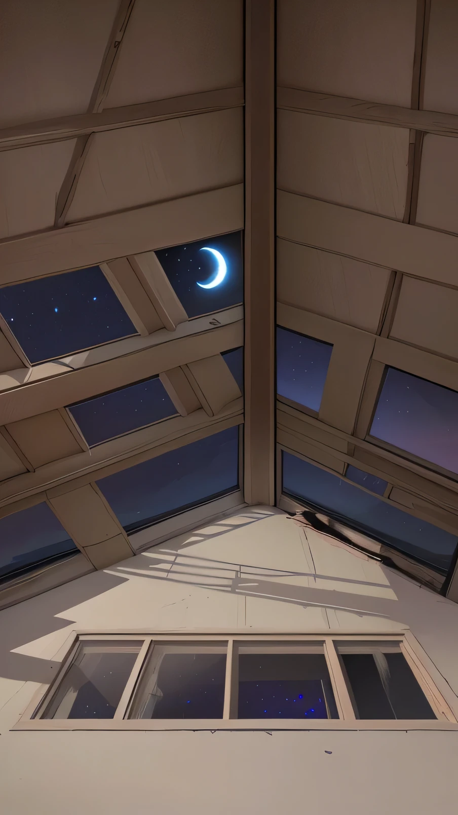 There is a cartoon picture of a window in a room, A quiet night. Digital Illustration, background technology, Random background scenes, interior background technology, Moon and stars, Looking at the stars, , In the attic, moonlit starry sky environment, background technologywork, cartoon moody scene, in a dungeon background, Looking up at the ceiling,Shabby ceilings,Broken windows and walls