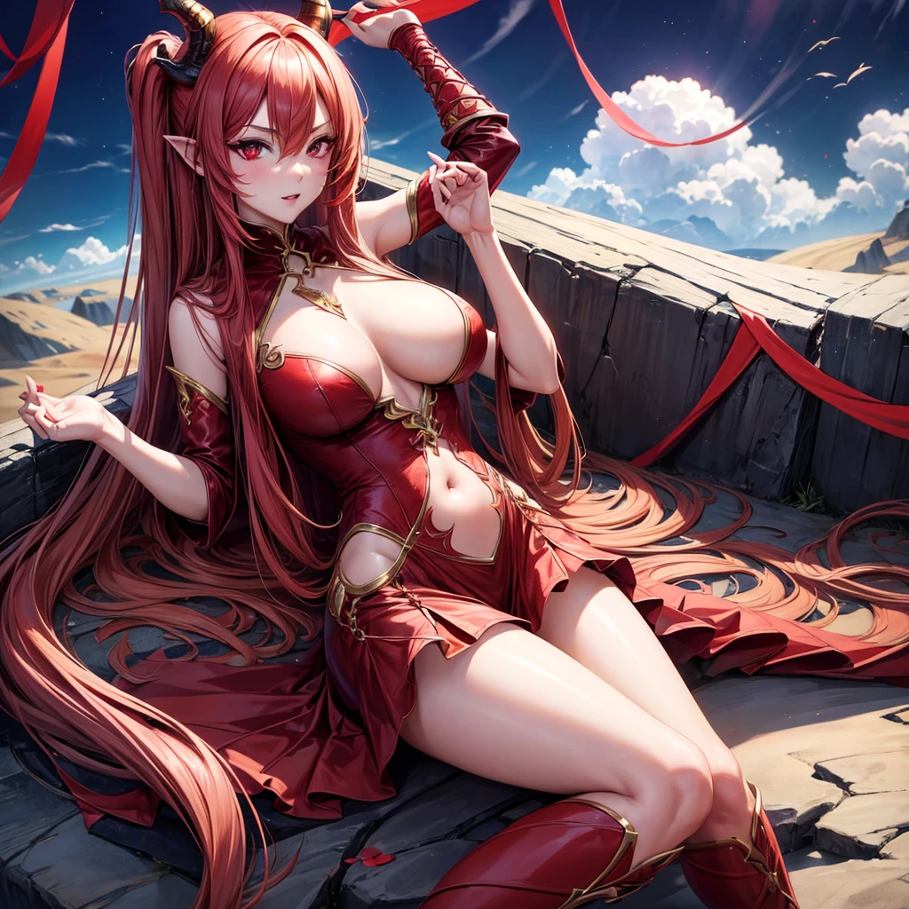 Draknes is a very sexy and attractive dragon girl, she has red eyes, long hair, She is wearing a very sexy semi-nude outfit, 4 k image, ultra HD, high resolution, fully body
