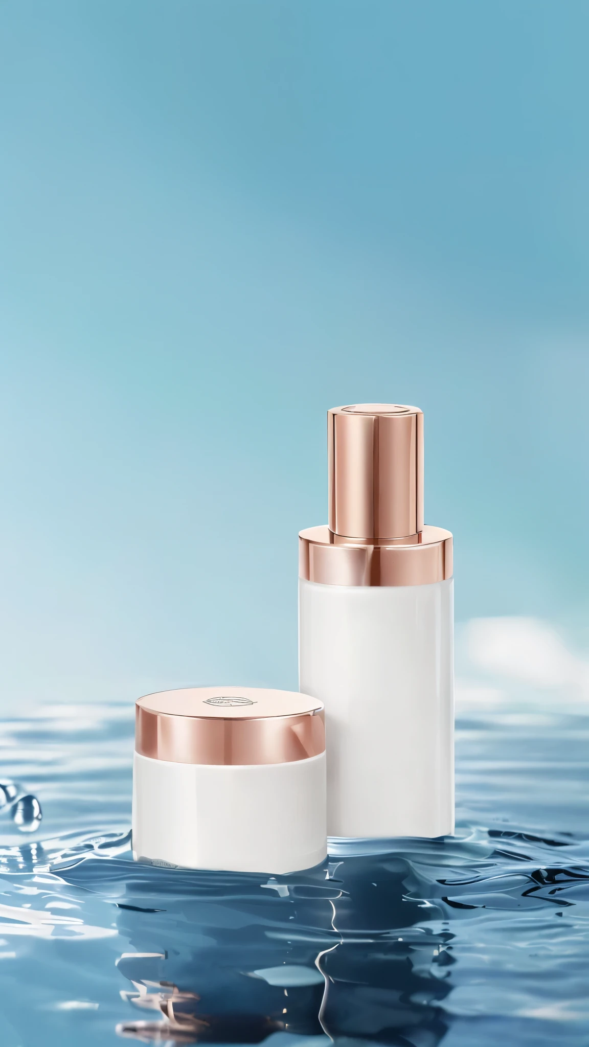 There are two bottles of cosmetics placed on the water, ClaritySmooth的线条, Clarity、Smooth、Clean lines, Stylish design, glossy surFace, Fine details, Perfect skin tone, Face, Smooth porcelain skin, Clarity的细节, skin care, Stunning appearance, Fine details, Bottom Angle, detailed picture, Home, Clarity干净的形状, Creamy skin, 精致Smooth的细节, Silicone leather
