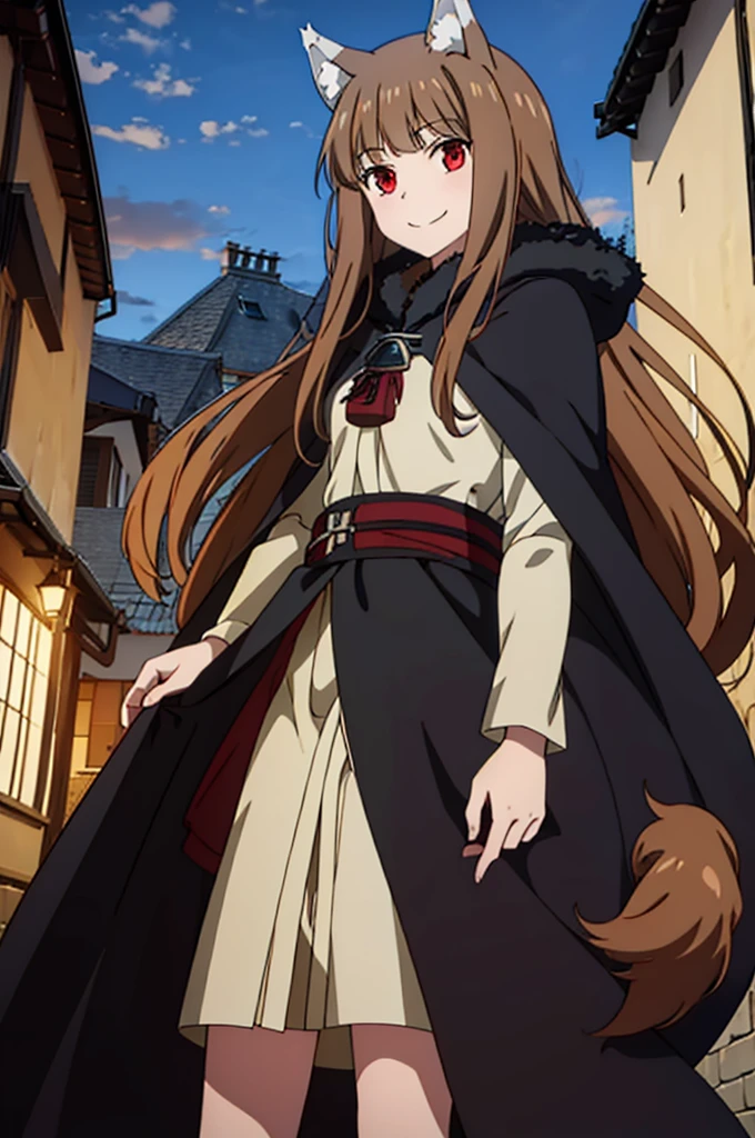 (masterpiece:1.3), (best quality:1.1), (8k, ultra detailed, ultra high res:1.2), ((anime style)), (perfect 5 fingers:1.1), perfect anatomy, 
1girl, wolf girl, 
holo, 
BREAK long hair, wolf ears, fuffy hair in the ears, 
brown hair, 
red eyes,  
small breasts,  
food, cape, cloak, 
smile, 
BREAK looking at viewer, 
cowboy shot, 
standing, 
perfect light, 
outdoor, outside, city, cityscape, (village:1.3), 