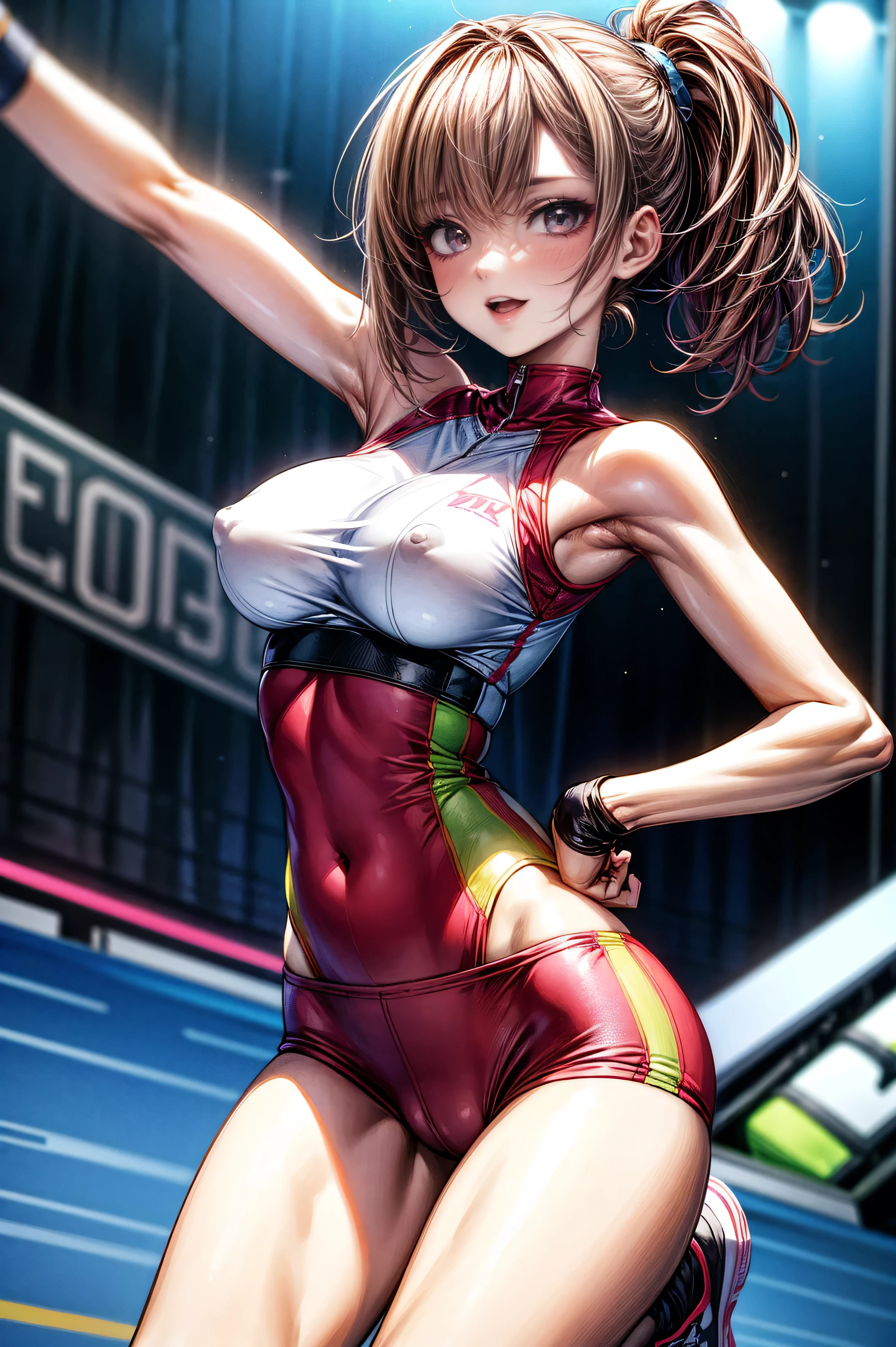 Aerobics Style of the 2000s、sneakers、Detailed picture、girl、25-year-old woman、Dynamic and lively pose、Crotch line、Erect nipples
