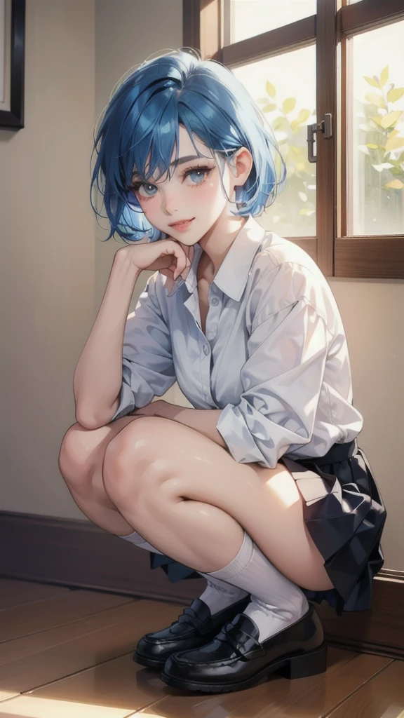 Realistic, Lip gloss, Realistic, Highest quality, Ultra-high resolution, depth, pastel colour, Natural Shadows, Focus on the face, Just a face, Looking at the audience, Short Hair, Blue Hair, Blue and narrow eyes, (masterpiece, Highest quality), 1 Girl, alone, from the front,
(shut up), smile, Part your lips,
Shiny skin, Thick thighs, White panties,
, Serap, Pleated skirt, loafers, loose socks, squat, indoor, Looking at the audience, Anatomically correct
