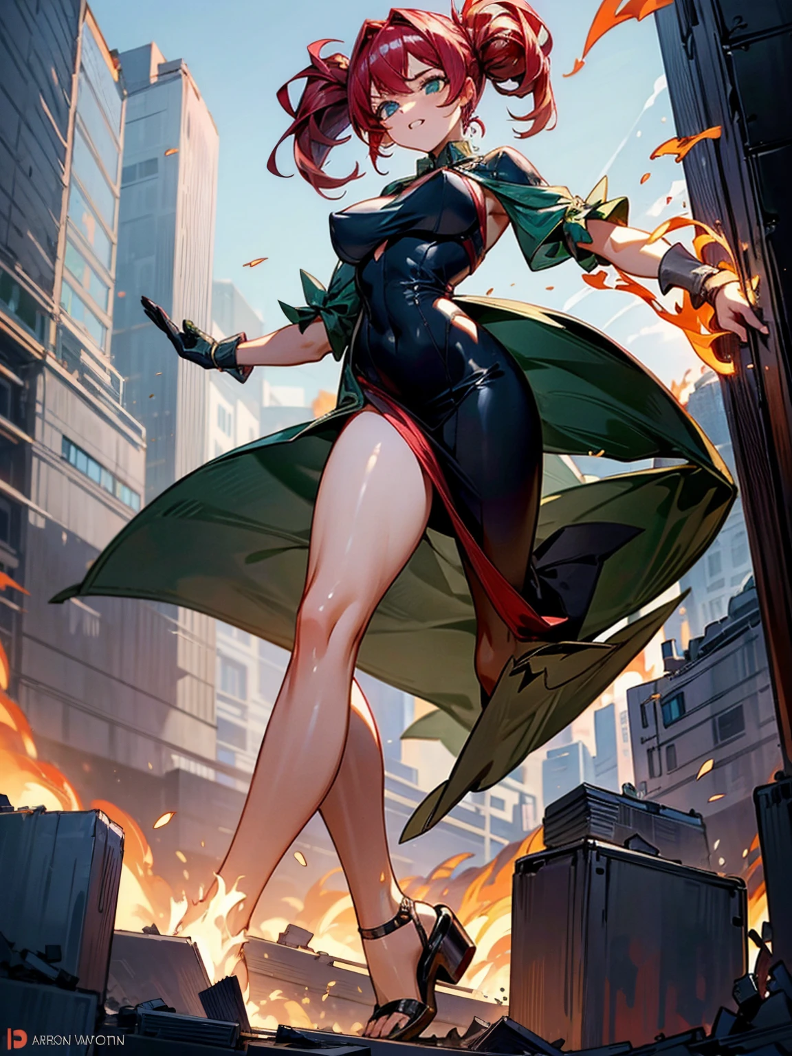 A captivating giantess, dressed in a tight-fitting red dress, with fiery red hair and intense green eyes, strides through a bustling modern city. Her curvaceous form crushes everything beneath her feet, leaving a trail of destruction in her wake. She gazes down at the tiny people scurrying at her heels, her eyes filled with a mix of amusement and contempt. Her sultry voice taunts them about their helplessness, her voluptuous figure exuding an aura of raw power and sensuality. Giantess, Goddess, sexy legs, heels, hot, curvy body, mommy issues, small town, small people, tiny people, macrophilia, perspective from below, high quality, almost naked, mature woman, dominant.

