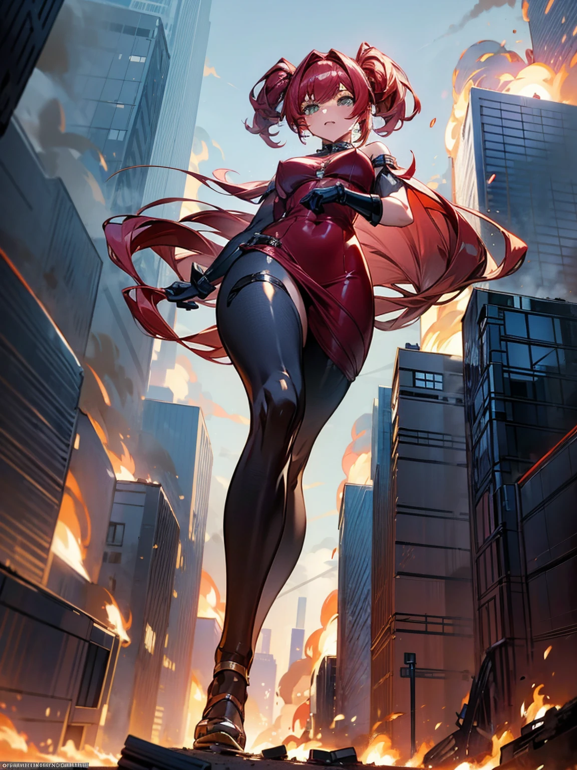 A captivating giantess, dressed in a tight-fitting red dress, with fiery red hair and intense green eyes, strides through a bustling modern city. Her curvaceous form crushes everything beneath her feet, leaving a trail of destruction in her wake. She gazes down at the tiny people scurrying at her heels, her eyes filled with a mix of amusement and contempt. Her sultry voice taunts them about their helplessness, her voluptuous figure exuding an aura of raw power and sensuality. Giantess, Goddess, sexy legs, heels, hot, curvy body, mommy issues, small town, small people, tiny people, macrophilia, perspective from below, high quality, almost naked, mature woman, dominant.

