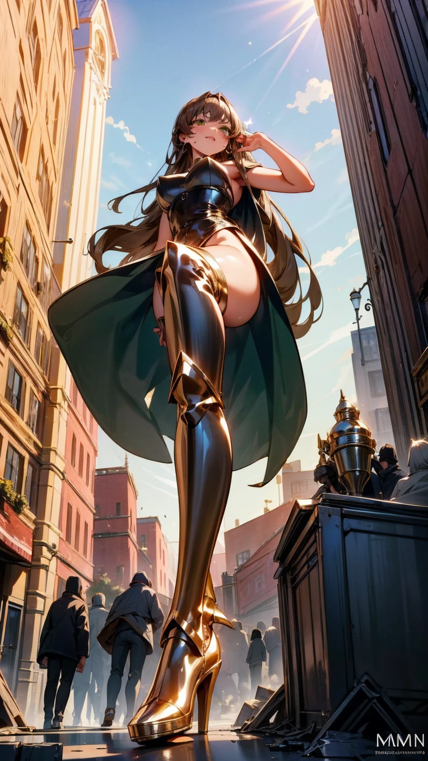A glamorous giantess in a sparkling silver dress, with long brown hair and green eyes, strides through a bustling medieval city. Her towering form crushes homes and market stalls beneath her stiletto heels, each step causing the earth to tremble. She glances down at the tiny villagers, a cruel smile playing on her lips as her sultry voice echoes, taunting them about their helplessness. Her curvy body glistens in the sunlight, every movement exuding dominance and raw sensuality. Giantess, Goddess, sexy legs, heels, hot, curvy body, mommy issues, small town, small people, tiny people, macrophilia, perspective from below, high quality, almost naked, mature woman, seductive.