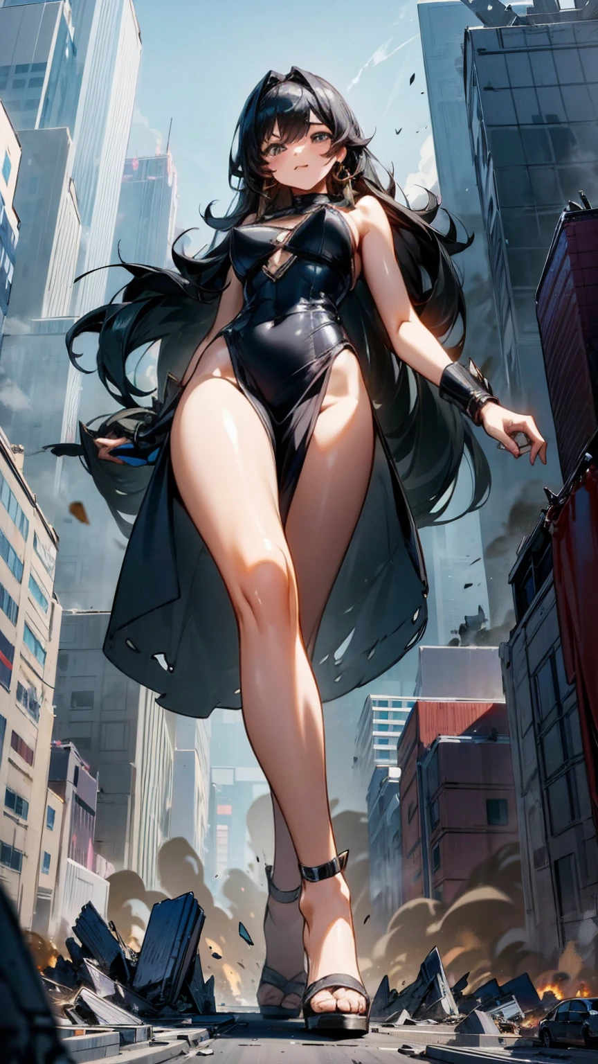 The striking giantess, dressed in a tight blue dress, with flowing black hair and deep brown eyes, strides through a futuristic landscape. Her towering form crushes everything beneath her feet, leaving a trail of destruction in her wake. She gazes at the tiny people scurrying at her heels, her eyes filled with a mix of amusement and contempt. Her sultry voice taunts them about their helplessness, her voluptuous figure exuding an aura of raw power and sensuality. Giantess, Goddess, sexy legs, heels, hot, curvy body, mommy issues, small town, small people, tiny people, macrophilia, perspective from below, high quality, almost naked, mature woman, dominant.

