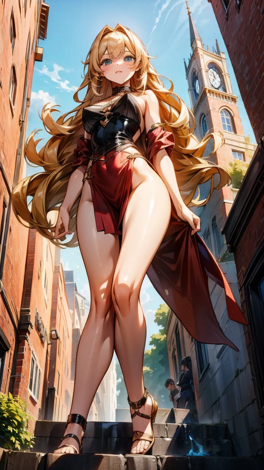 A sensual giantess in a revealing red outfit, with long blonde hair and piercing blue eyes, walks through a quaint medieval village. Her powerful legs crush homes and shops beneath her heels, each step causing the earth to tremble. She gazes at the tiny villagers with a look of disdain, her voice filled with mocking laughter. Her voluptuous figure exudes an aura of raw power and sensuality, every movement a testament to her overwhelming dominance. Giantess, Goddess, sexy legs, heels, hot, curvy body, mommy issues, small town, small people, tiny people, macrophilia, perspective from below, high quality, almost naked, mature woman, seductive.

