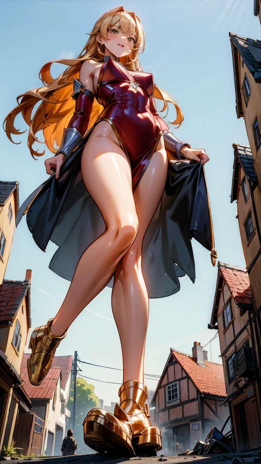 A sensual giantess in a revealing red outfit, with long blonde hair and piercing blue eyes, walks through a quaint medieval village. Her powerful legs crush homes and shops beneath her heels, each step causing the earth to tremble. She gazes at the tiny villagers with a look of disdain, her voice filled with mocking laughter. Her voluptuous figure exudes an aura of raw power and sensuality, every movement a testament to her overwhelming dominance. Giantess, Goddess, sexy legs, heels, hot, curvy body, mommy issues, small town, small people, tiny people, macrophilia, perspective from below, high quality, almost naked, mature woman, seductive.

