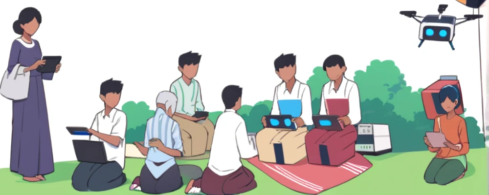 ((Bangladesh)), people of Bangladesh, Smart Village: Bridging Tradition and Technology Connected Community: Villagers embracing the internet and computers, enhancing their daily lives and work. Modern Farming: Farmers utilizing smartphones for better crop management and market access. Tech-Enabled Families: Happy families benefiting from improved communication and education through technology. Innovative Infrastructure: Mobile towers ensuring seamless connectivity, with drones and robots supporting agricultural