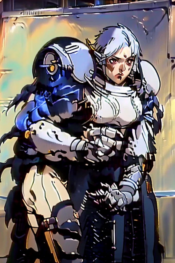 1 woman , elf, pale skin, silver hair, glowing golden eyes, muscule body, full body armor, full body, dungeon background, closed body by armor, hold a glaive and shield