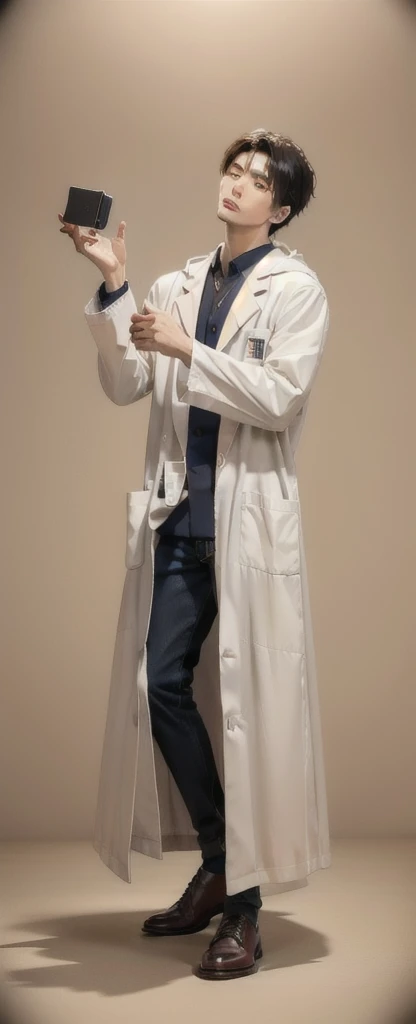 (Fair skin),((white lab coat)), (black hoodie underneath),Iris,(gender: Natural Face),(Japanese),(leather shoes),long body,handsome young asian man, Japanese idol style, short clean-cut hair, (center part), calm confident expression, hands in lab coat pockets, plain white background, portrait, high quality, detailed, 8K