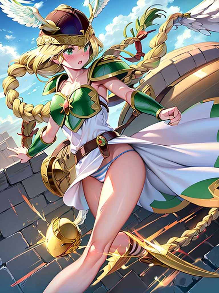 masterpiece,best quality, 1girl, 18yo, beautiful girl,BREAK,(Armor:1.8),(Helmet with wings:1.7),(Beautiful blonde,braid,Green Eyes:1.5),BREAK,(White Dress,Blue and white striped panties:1.4),BREAK,(blush:1.3), (blue sky:1.2),(Running on clouds:1.3),(move chart:1.3),